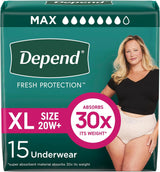 Depend Fresh Protection Underwear for Women, Maximum by Depend, size XL (20W+), absorbs up to 30x its weight and comes in a 15-count pack with a woman featured on the package for reliable incontinence protection.