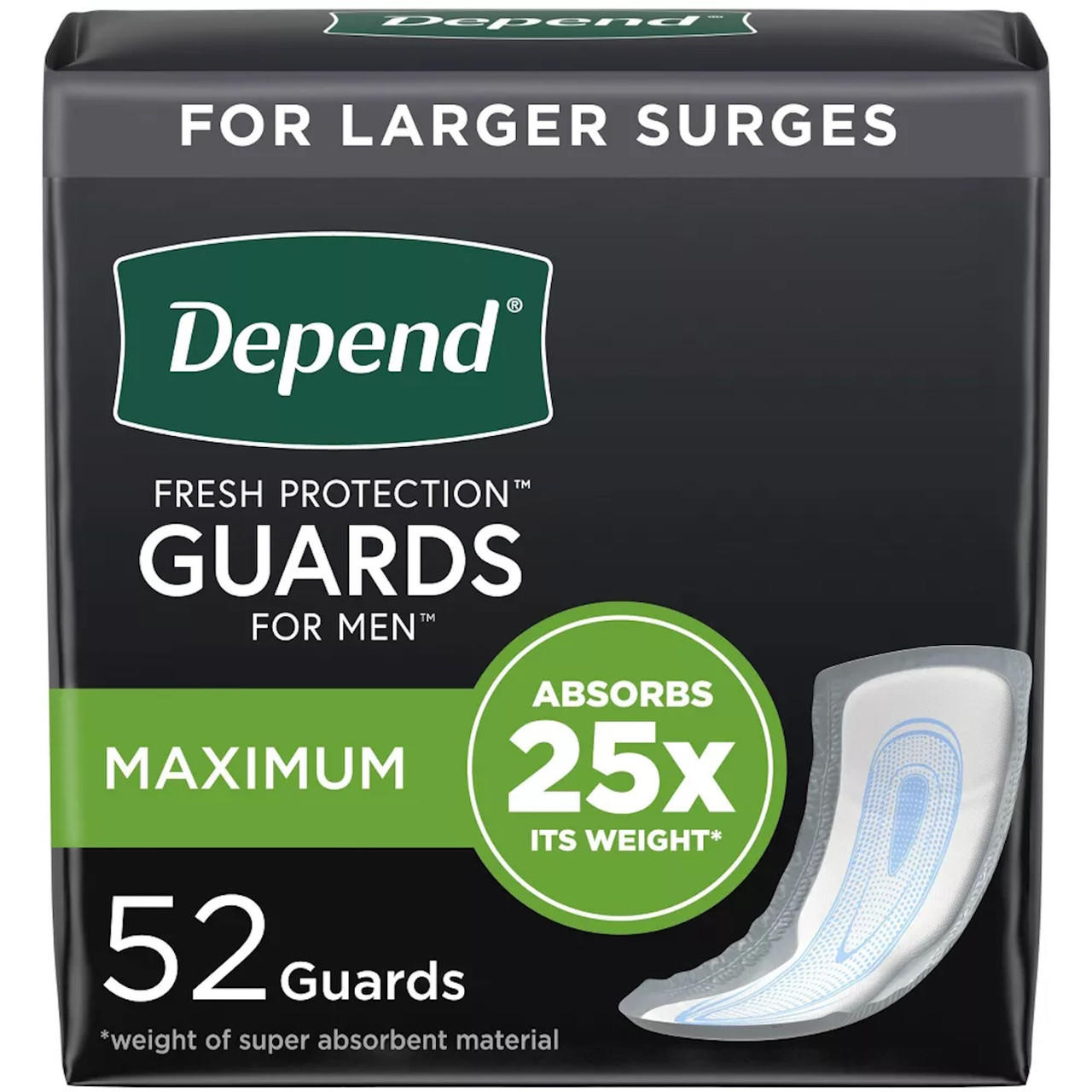Depend Incontinence Guards for Men by Depend offer maximum absorbency, absorbing 25 times their weight. Each package contains 52 guards designed for larger surges, providing reliable incontinence protection for men.
