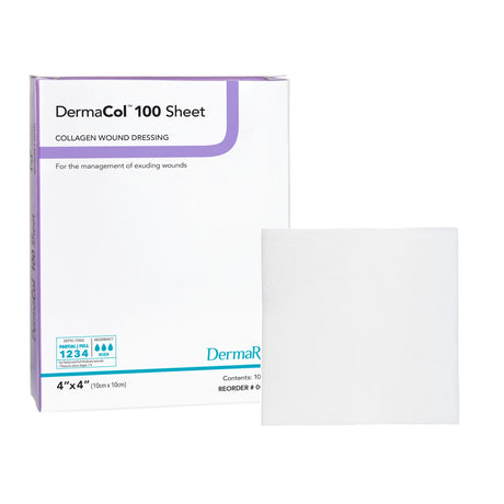 DermaCol 100 Collagen Dressing 4" x 4", box front with single sheet