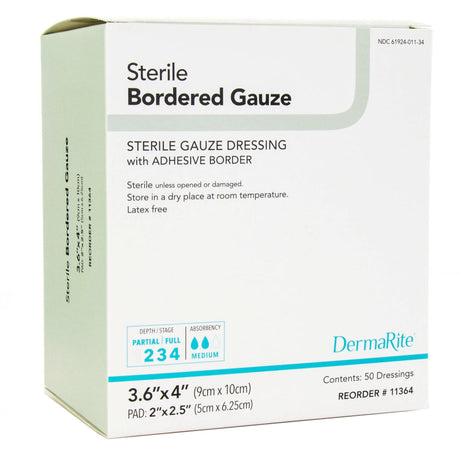DermaRite Bordered Gauze, Adhesive Island Dressing, White, Gauze, Sterile, 3.6 x 4" - 11364-Single - LL Medico