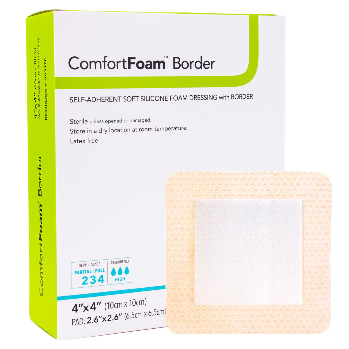 DermaRite ComfortFoam Border Foam Dressing 4" x 4", box with dressing