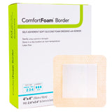 DermaRite ComfortFoam Border Foam Dressing 4" x 4", box with dressing