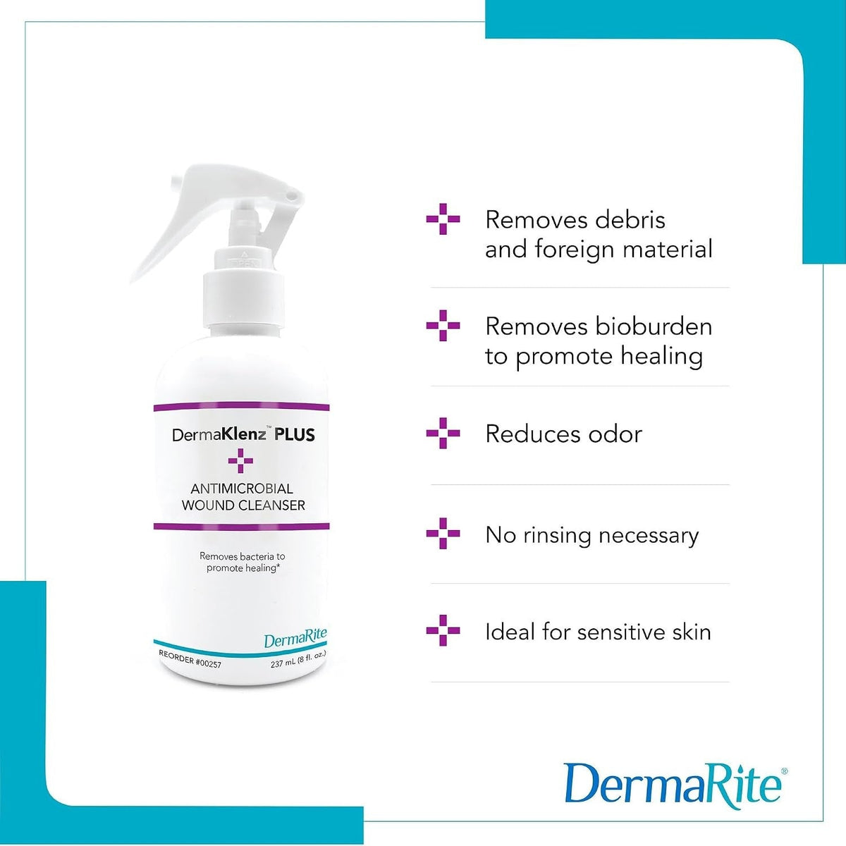 DermaRite DermaKlenz Plus Antimicrobial Wound Cleanser Spray, Non-Sterile, 8 fl oz - 00257-Single - LL Medico