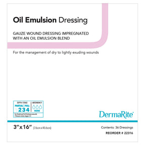 DermaRite Oil Emulsion Impregnated Dressing, size 3" x 16" box front