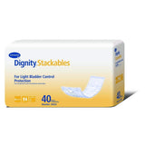 Dignity Stackables Bladder Control Pad by Dignity offers light absorbency protection. The mostly white box with yellow accents holds 40 pads and features an image of the product on the packaging.