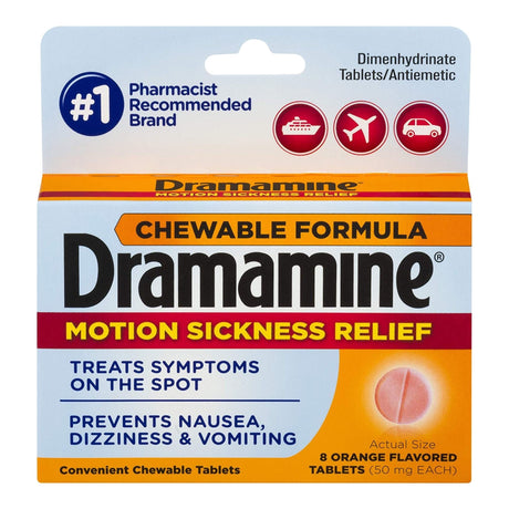 Dramamine Motion Sickness Relief Chewable Tablets, 50 mg, Orange - 83124800200-Box - LL Medico