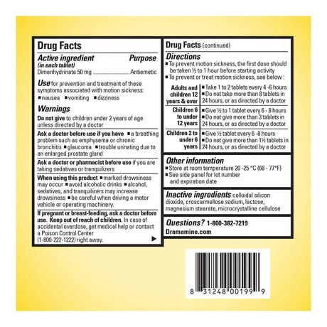 Dramamine Original Motion Sickness Relief Tablets, Dimenhydrinate 50 mg - 83124800199-Single - LL Medico
