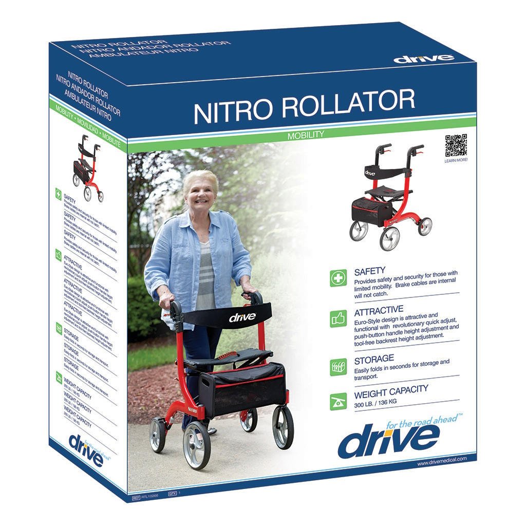 Drive Nitro Aluminum 4 Wheel Rollator, Red, 10" Casters - RTL10266 - LL Medico