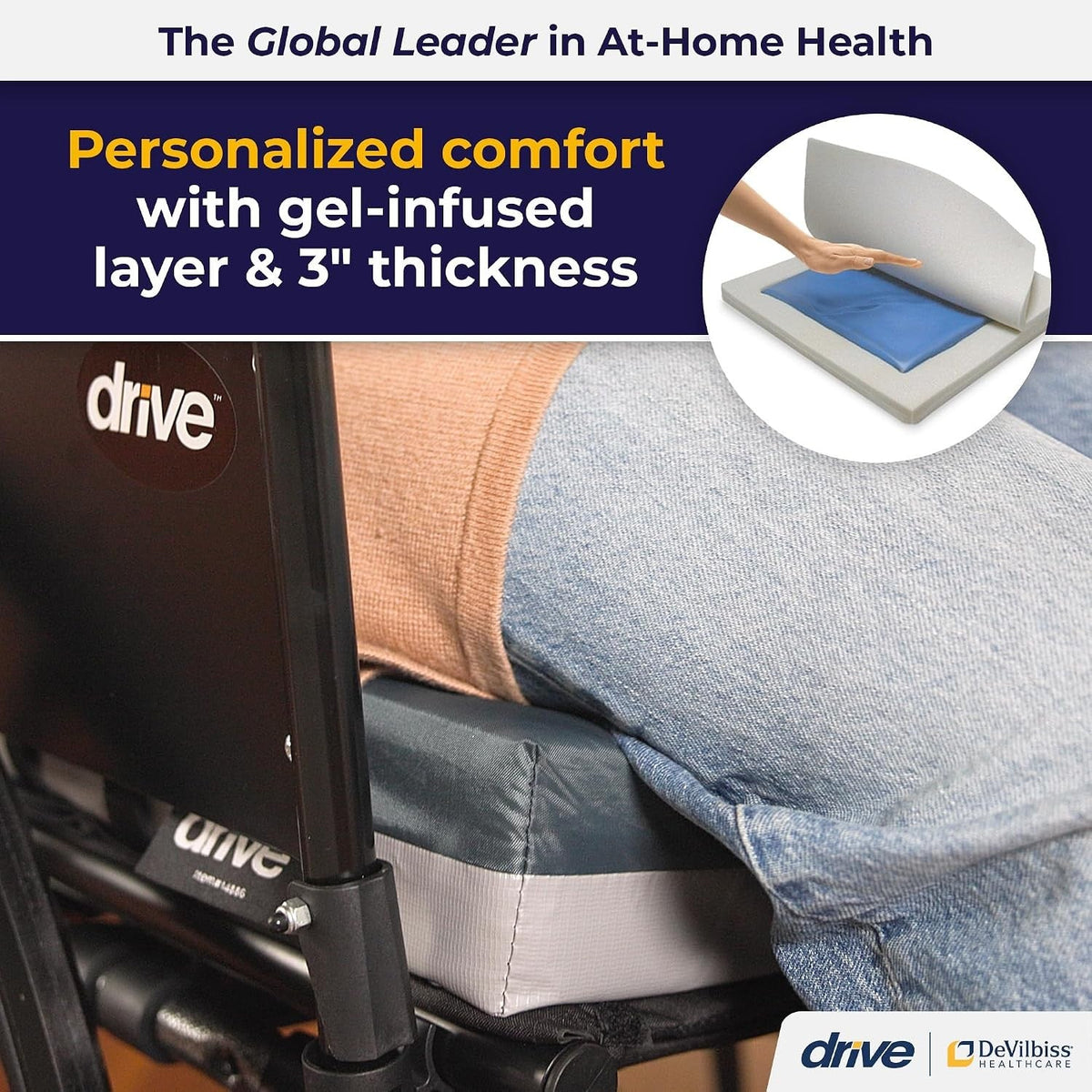 Drive Skin Protection Gel Wheelchair Seat Cushion, 18" x 16" x 3", Standard - 14886-Single - LL Medico