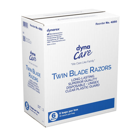 Dynarex Twin Blade Disposable Razors, Unisex, Clear Plastic Guard - 4250-Box - LL Medico