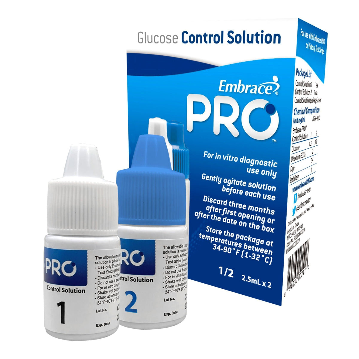 Embrace Pro Blood Glucose Control Solution, Level 1 & 2, 2" x 4 mL - ALL02AM0210-Each - LL Medico
