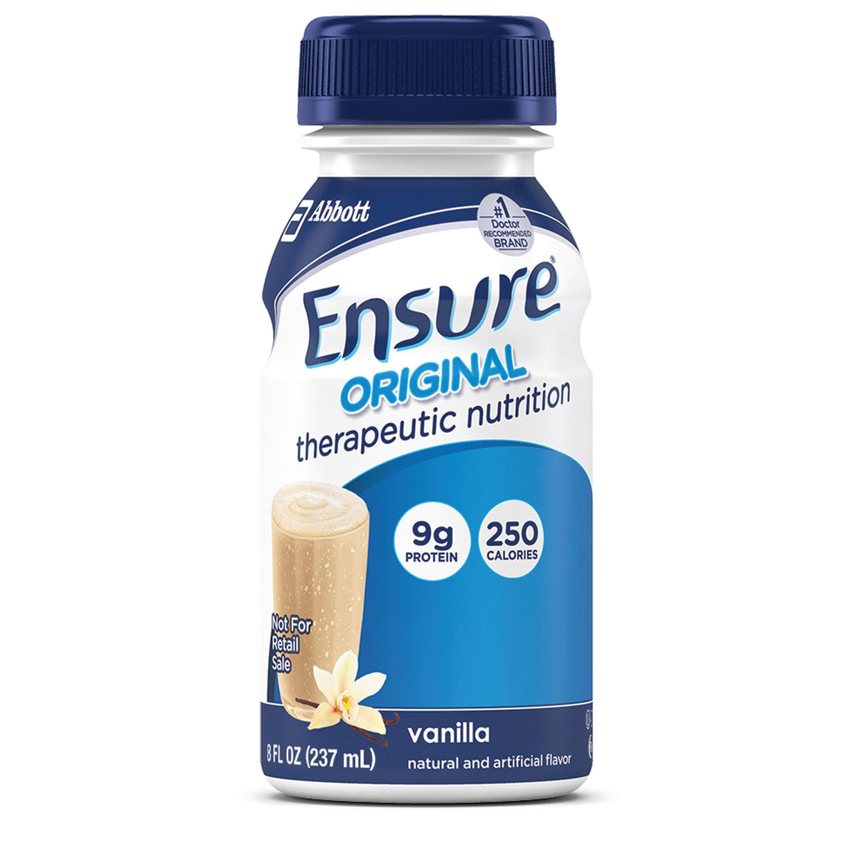Ensure Original Therapeutic Shake by Abbott Nutrition, Vanilla flavor, 8 oz bottle (case of 24), highlights 9g protein and 250 calories per serving. The label features a vanilla flower and glass symbolizing its nutrition support.