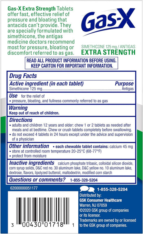 Gas-X Extra Strength Chewable Tablets, Simethicone 125 mg, Peppermint Creme - 00067012918-Box - LL Medico