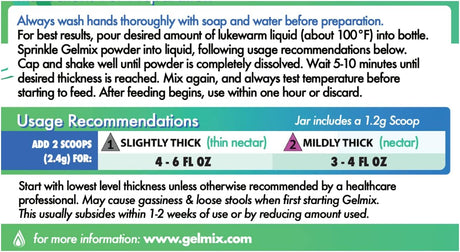 For reflux relief, mix 2 scoops of Gelmix Organic Infant Thickener for Breast Milk & Formula, Unflavored with 3–6 oz liquid to slightly or mildly thicken. Wait to thicken before use. Visit gelmix.com. Icons indicate measuring and thickness levels.