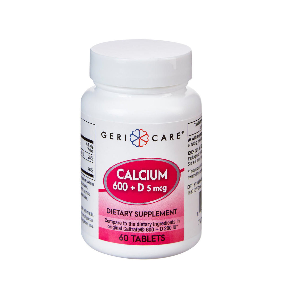 A white bottle labeled McKesson Geri-Care Joint Health Supplement, with 60 tablets of Calcium (600 mg) and Vitamin D (200 IU), featuring a white and pink design, ideal for those seeking joint health support.