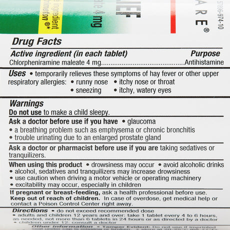 Health Star Chlorpheniramine Maleate Allergy Relief, 4 mg, Tablet - 784-01-HST-Bottle - LL Medico