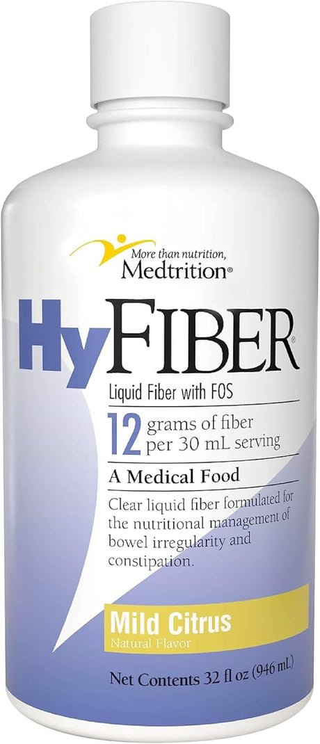 Medtrition HyFiber Liquid Fiber with FOS by Medtrition provides 12g soluble fiber per 30 mL, has a mild citrus flavor, and is labeled as a medical food for constipation relief and bowel irregularity.