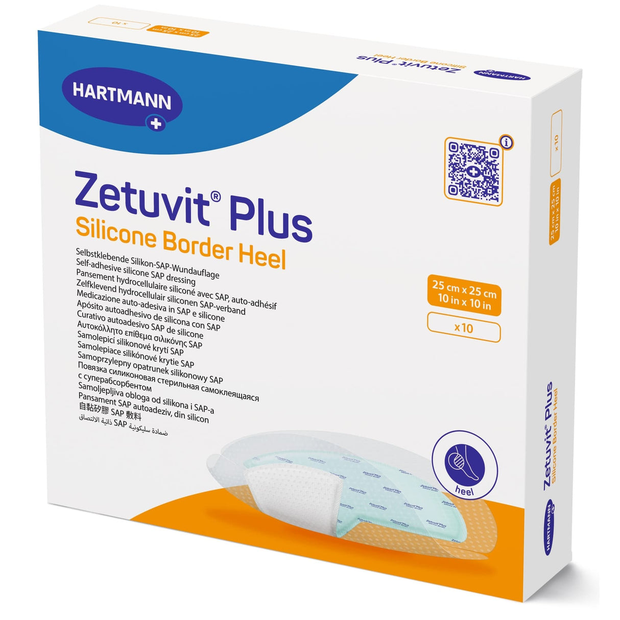 Zetuvit Plus Silicone Border Super Absorbent Dressing, 10 x 10 Inch Heel