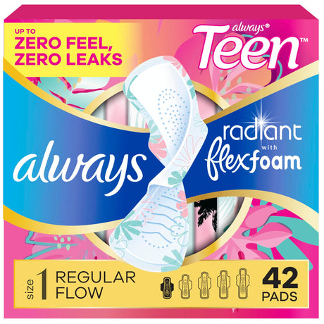 Always Teen Radiant with FlexFoam Pads, Regular Flow, Size 1, Box of 42