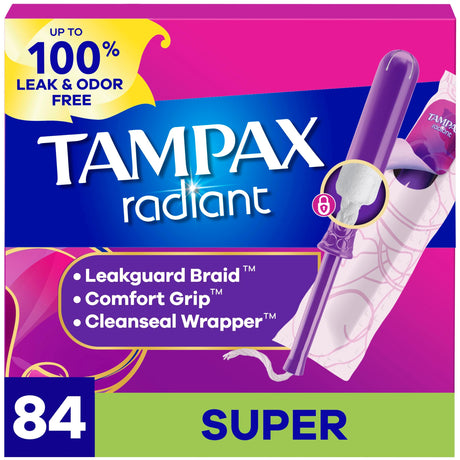 Tampax Radiant Tampons Duopack Regular/Super Absorbency Unscented, Plastic Applicator, 84 Count