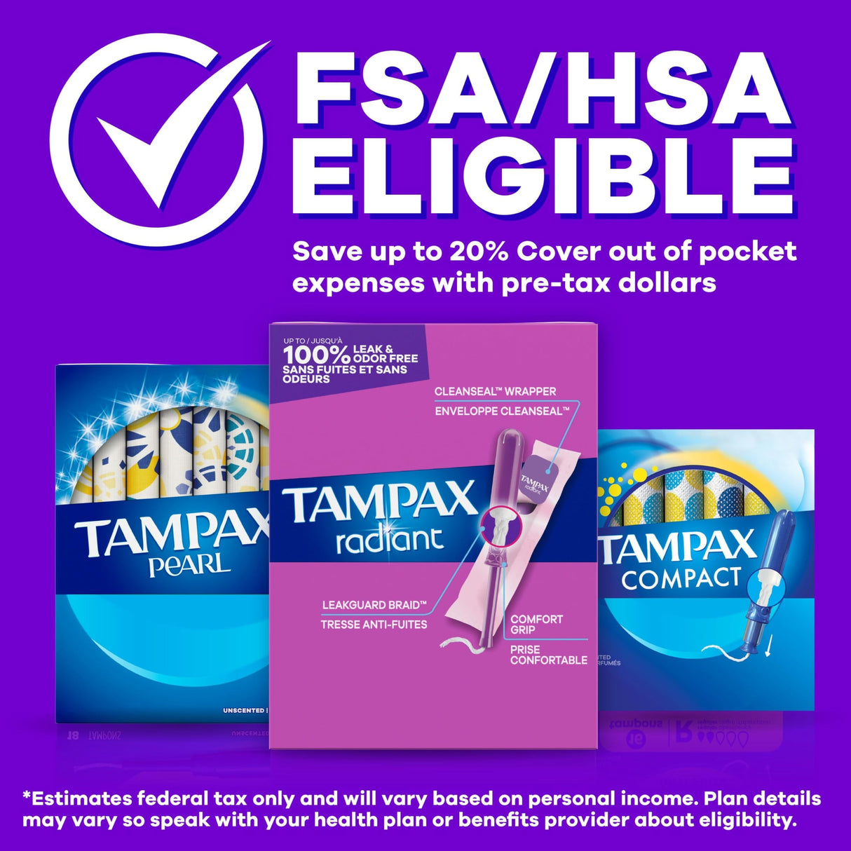 Tampax Radiant Tampons, Regular Absorbency, Unscented, Plastic Applicator, 84 Count - 07301071306 - LL Medico