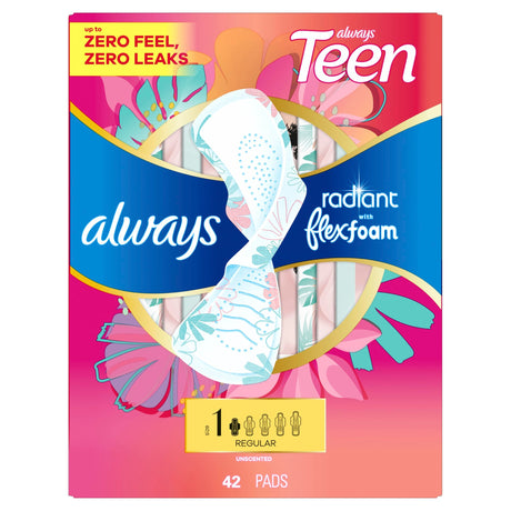 Always Teen Radiant with FlexFoam Pads, Regular Flow, Size 1, Box of 42
