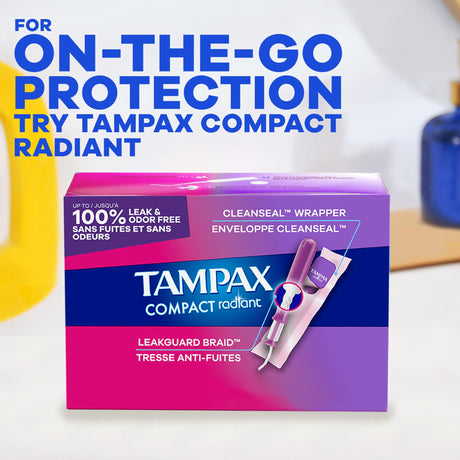 Tampax Radiant Tampons Duopack Regular/Super Absorbency Unscented, Plastic Applicator, 84 Count