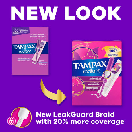 Tampax Radiant Tampons Duopack Regular/Super Absorbency Unscented, Plastic Applicator, 84 Count