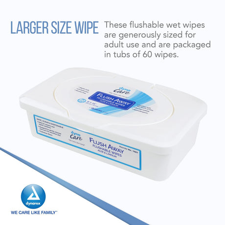DynaCare Flush Away Flushable Wipes, Aloe & Lanolin, 60 Count Tub