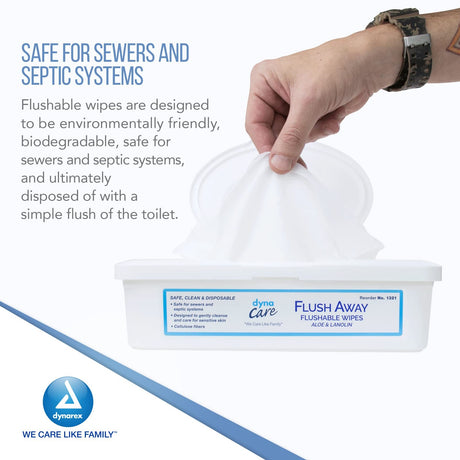 DynaCare Flush Away Flushable Wipes, Aloe & Lanolin, 60 Count Tub
