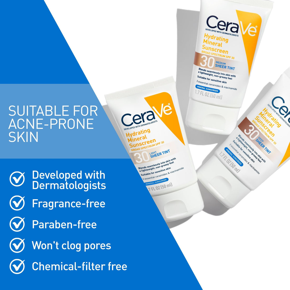 CeraVe Hydrating Mineral Sunscreen Medium Sheer Tint SPF 30 Lotion, Unscented, 1.7 fl oz