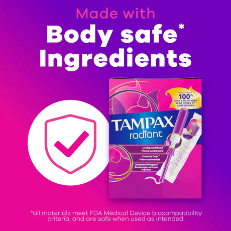 Tampax Radiant Tampons Duopack Regular/Super Absorbency Unscented, Plastic Applicator, 84 Count