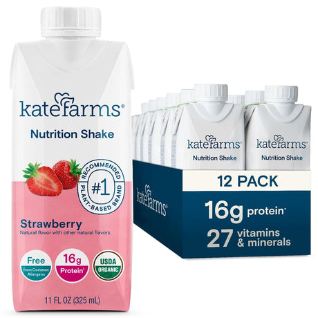 Kate Farms Nutrition Shake, Strawberry, Case/12 is shown. Each shake offers 16g pea protein, plant-based USDA organic nutrition, and 27 vitamins & minerals per serving.