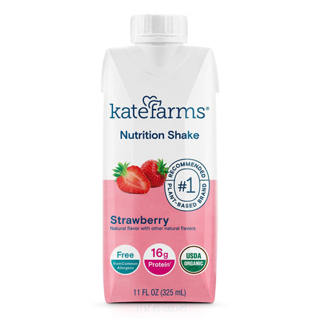 Kate Farms Nutrition Shake, Strawberry, Case/12 is a pink and white 11 fl oz carton featuring plant-based nutrition, USDA organic label, 16g protein, allergen-free meal replacement claims, and strawberries on the front.