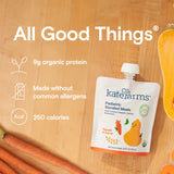 A pouch of Kate Farms Pediatric Blended Meals, Squash & Carrot, sits with fresh veggies and text noting 9g organic plant-based nutrition, no common allergens, and 250 calories—ideal for tube feeding. Brand: Kate Farms. CS/12.