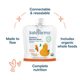 Kate Farms Pediatric Blended Meals, Squash & Carrot, CS/12 features a tube feeding-friendly pouch—connectable, resealable, made to flow—with organic whole foods and complete plant-based nutrition.