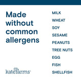 Text reads: Kate Farms Pediatric Blended Meals, Squash & Carrot is made without milk, wheat, soy, sesame, peanuts, tree nuts, egg, fish, or shellfish. Plant-based nutrition by Kate Farms on a white background.