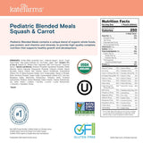 Packaging label for Kate Farms Pediatric Blended Meals, Squash & Carrot, CS/12 highlights ingredients, nutrition facts, and certifications: USDA Organic, Non-GMO, plant-based nutrition, gluten-free, and suitable for tube feeding. Brand: Kate Farms.