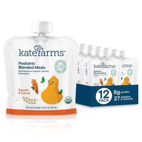 A pouch of Kate Farms Pediatric Blended Meals, Squash & Carrot, is shown in front of an open CS/12 box. The pouch features plant-based nutrition with illustrations of vegetables and product details.