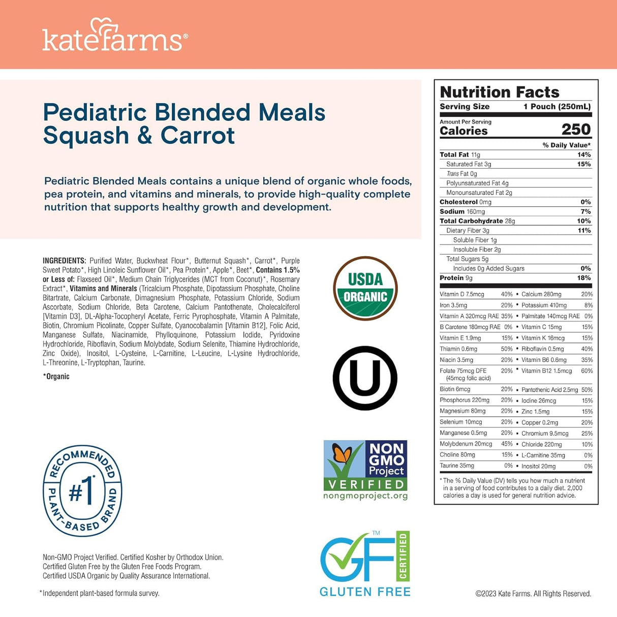 Kate Farms Pediatric Blended Meals, Squash & Carrot, CS/12 - 811112030119-Case - LL Medico