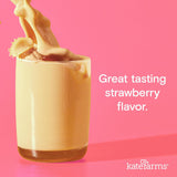 A creamy pink strawberry drink splashes from a glass on a bright background. White text reads, Great tasting strawberry flavor and plant-based nutrition. Kate Farms Pediatric Peptide Formula 1.0, Strawberry logo appears bottom right.