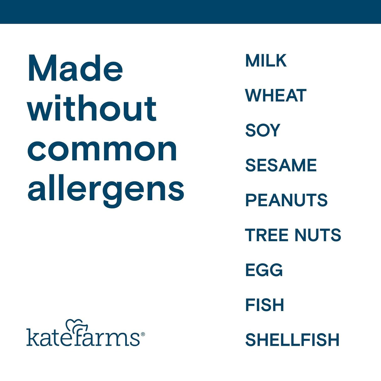 Text graphic titled "Made without common allergens" lists: milk, wheat, soy, sesame, peanuts, tree nuts, egg, fish, shellfish. Showcases Kate Farms Pediatric Peptide Formula 1.0 Strawberry—hypoallergenic plant-based nutrition for kids. Kate Farms logo at bottom.