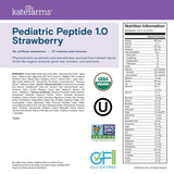 Product label for Kate Farms Pediatric Peptide Formula 1.0, Strawberry by Kate Farms, featuring tube feeding suitability, plant-based nutrition, nutrition facts, ingredients list, and icons for USDA Organic, Non-GMO Project Verified, and Gluten Free.