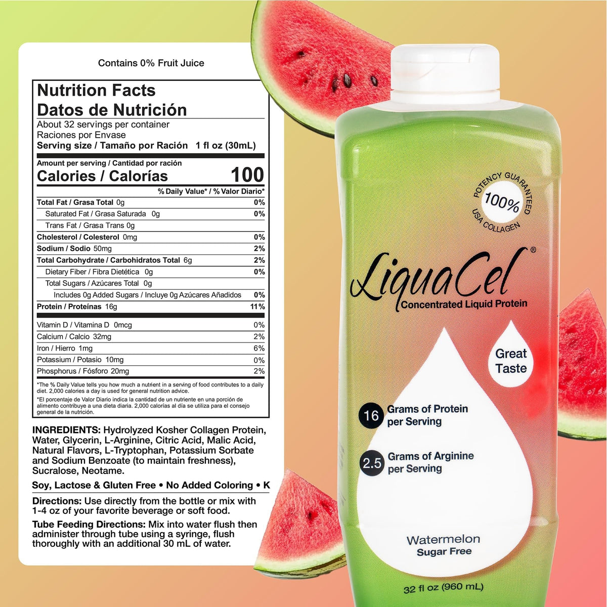 LiquaCel Concentrated Liquid Protein, Watermelon, 32 oz - GH-96-Single - LL Medico