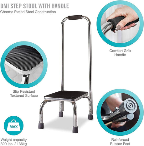 Mabis Step Stool with Handrail, Chrome Plated Steel Frame, 9.5" Step Height - 539-1902-0099-Single - LL Medico