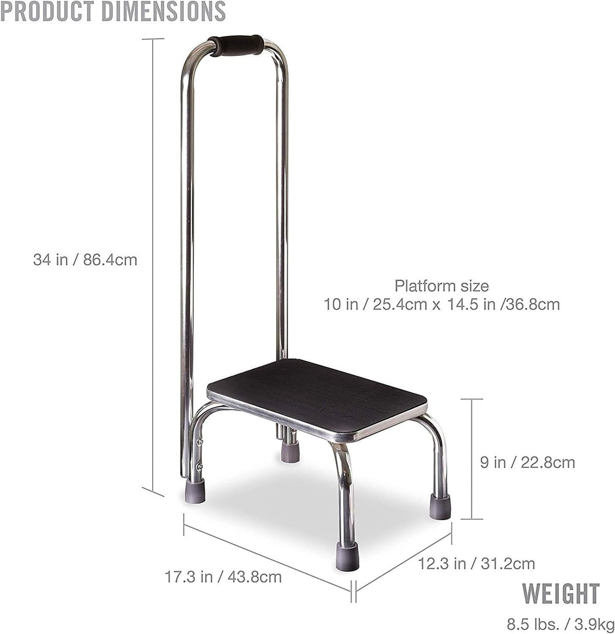 Mabis Step Stool with Handrail, Chrome Plated Steel Frame, 9.5" Step Height - 539-1902-0099-Single - LL Medico