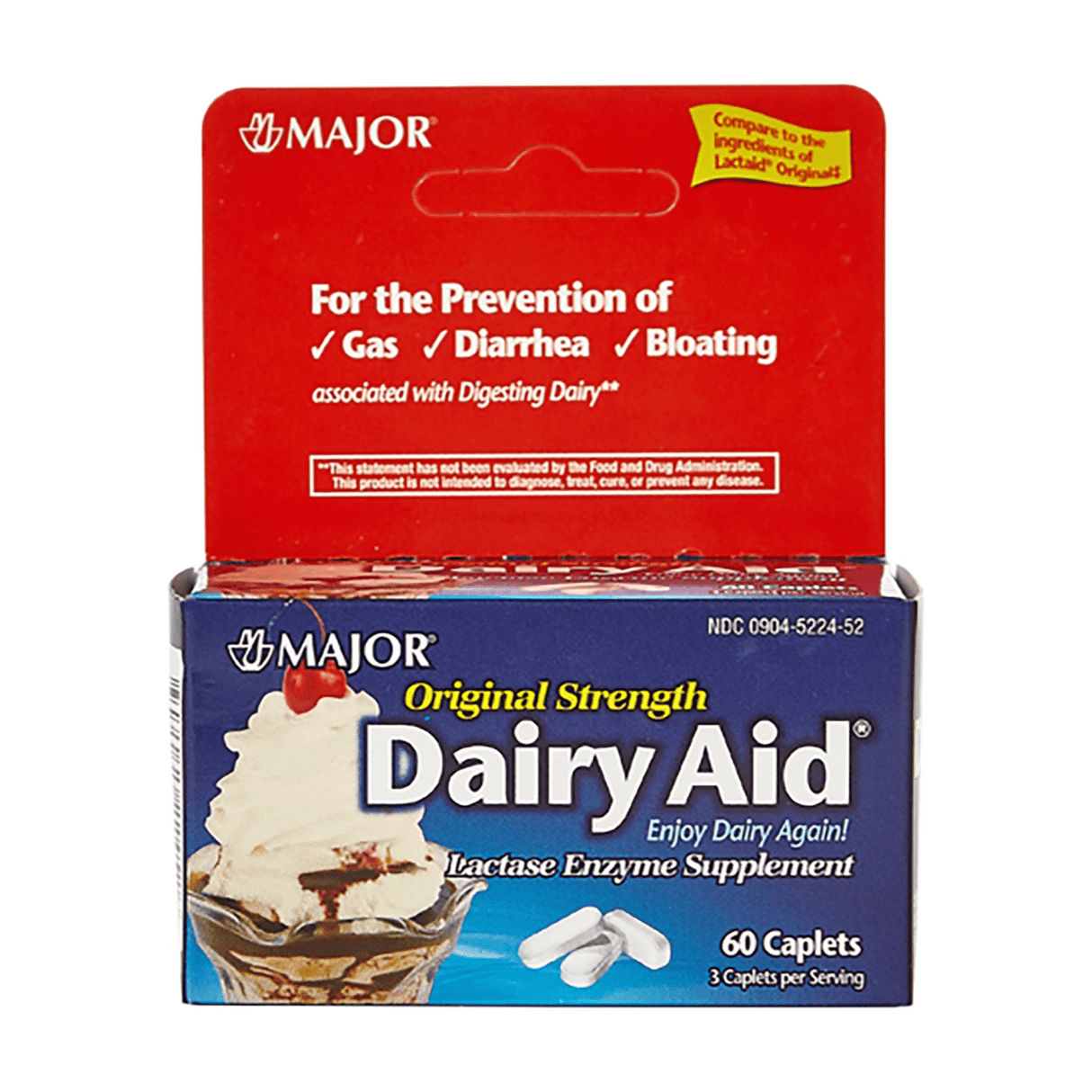 Major Dairy Aid Lactase Enzyme Dietary Supplement, 60 caplets - 00904522452 - LL Medico