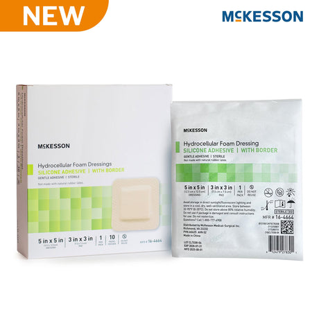 McKesson 5-Layer Foam Dressing, Bordered Silicone Adhesive, Square, Sterile - 16-4664-Box - LL Medico