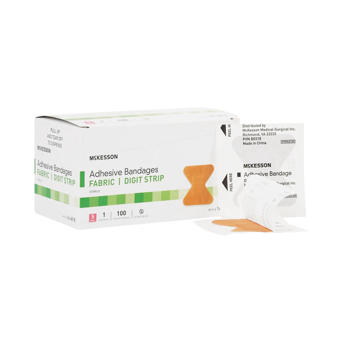 McKesson Adhesive Bandages Fabric Digit Strip, Sterile, Small, 1 7/10" x 2" - 16-4818-Box - LL Medico