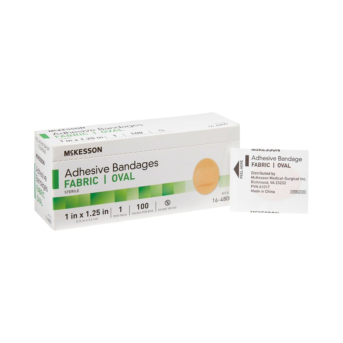 McKesson Adhesive Bandages Fabric Oval, Sterile, 1 in x 1.25 in - 16-4800-Box - LL Medico